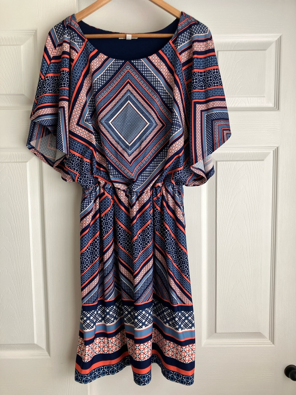 Halo Navy and Coral Geometric Print Midi Dress